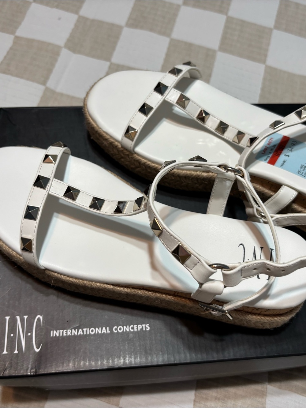 INC International Concepts White Studded Espadrille Sandal with Ankle Strap